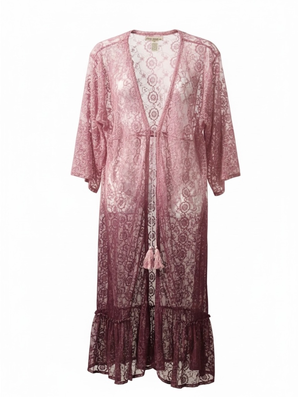 Indigo Thread Co. Mauve Pink Sheer Floral Lace Duster Kimono Cardigan Tie Front - Picture 5 of 8